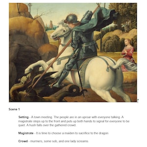 Op de afbeelding: Een schilderij dat een scène uit de legende van Sint-Joris en de Draak voorstelt. Een ridder op een wit paard doodt een groene draak met een speer. Een vrouw in een rode jurk bidt op de achtergrond. Het schilderij is gesitueerd in een landschap met bomen en heuvels.