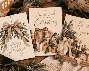 Printbare neutrale kerstkaarten set van 3 | 4x6 feestelijke kaarten