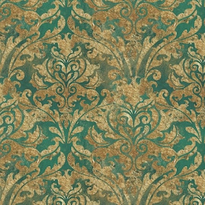 May include: A seamless pattern featuring a damask design in gold and teal. The pattern is intricate and detailed, with a vintage feel.