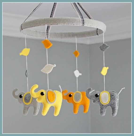 Items similar to Elephant Baby Mobile Personalized Grey and Yellow Handmade Made to