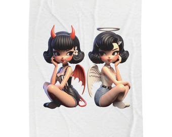 Fluwelen pluche deken Angel and Devil pinup, edgy woondecoratie