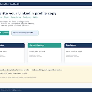 Könnte beinhalten: Eine digitale Produktoberfläche mit dem Titel LinkedIn Profile + Headline Kit. Sie enthält Abschnitte für Role Seeker, Career Changer und Freelancer sowie Text mit Angaben zu Arbeitsblättern für Word und Google Docs, einem Excel-Planer und Kommunikationsvorlagen.