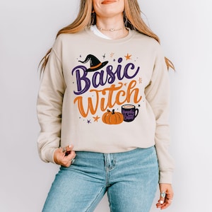 Basic Witch Halloween crewneck, pumpkin witch hat mug sweatshirt