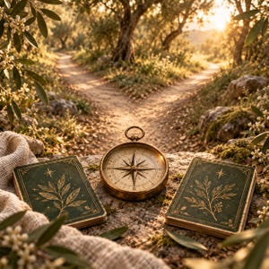 May include: A brass magnetic compass sits between two rectangular green decks of cards featuring gold botanical illustrations of leafy branches and stars. The compass has a circular face with cardinal directions and a central needle pointer.