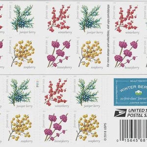 May include: A sheet of 20 United States Postal Service Winter Berries forever stamps featuring illustrations of winterberry, juniper berry, beautyberry, and soapberry. The stamps include text labels for each plant and the USPS logo with a barcode.