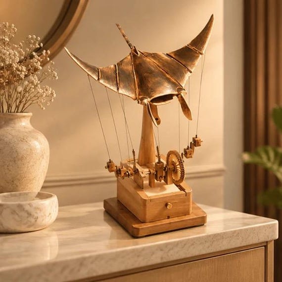 Handcrafted Wooden Manta Ray Automaton, Kinetic Desk Toy, Steampunk Ocean Decor