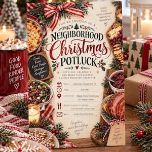 Könnte beinhalten: Eine Einladungskarte für ein nachbarschaftliches Weihnachtsessen mit festlichen Grafiken von Speisen, Tannenzweigen und einem roten Band. Der Text enthält Veranstaltungsdetails für Samstag, den 19. Dezember um 17:30 Uhr im Maple Street Clubhouse sowie Kontaktinformationen für Kate.