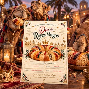 Może przedstawiać: Prostokątne zaproszenie na Dia de Reyes Magos z centralnym obrazem ciasta rosca de reyes z małą figurką, złotą koroną oraz szczegółami tekstowymi, w tym datą, godziną, miejscem i numerem telefonu (555) 123-4567.