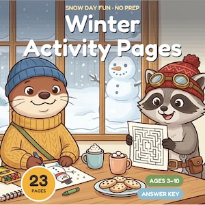 Páginas de actividades de invierno para niños, 18 hojas de trabajo imprimibles para días de nieve (descarga digital)