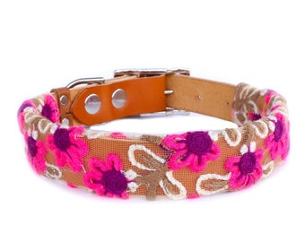 Dog Collar with Textile Sleeve | Fuchsia Fleur | Optional ID Tag