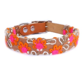 Dog Collar with Textile Sleeve | Tangerine Fleur | Optional ID Tag