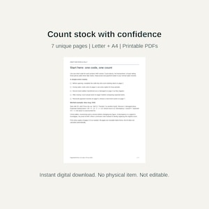 May include: A digital document titled Count stock with confidence, featuring 7 unique pages in Letter and A4 sizes. The text includes instructions for inventory tracking, such as Start here: one code, one count, and a worked example for a blue item.