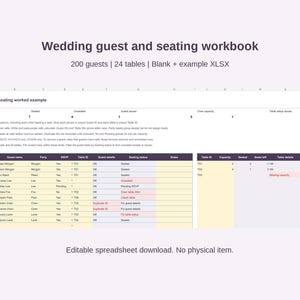 Op de afbeelding: Een digitaal spreadsheet-sjabloon voor bruiloftsgasten en tafelindeling. De interface toont kolommen voor gastnamen, RSVP-status, tafelnummers en zitplaatsstatus, met rijen gemarkeerd in rood en blauw om capaciteitsproblemen aan te geven.