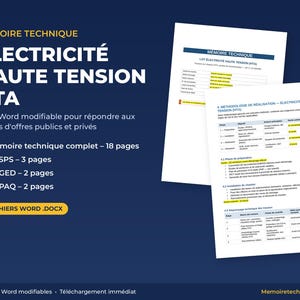 Può includere: Un set di modelli di documenti intitolato MÉMOIRE TECHNIQUE ÉLECTRICITÉ HAUTE TENSION HTA. Include un rapporto tecnico di 18 pagine, 3 pagine di PPSPS, 2 pagine di SOGED e 2 pagine di SOPAQ in quattro file Word .docx modificabili.
