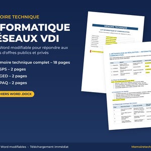 Könnte beinhalten: Ein digitales Dokumentenvorlagen-Set mit dem Titel Mémoire Technique Informatique Réseaux VDI, bestehend aus bearbeitbaren Word-Dateien, darunter ein 18-seitiger technischer Bericht, ein 2-seitiger PPSPS, ein 2-seitiger SOGED und ein 2-seitiger SOPAQ.