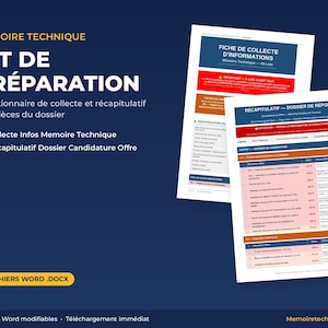 Peut inclure: Un kit de préparation pour mémoire technique composé de deux pages de documents blancs avec des en-têtes bleus, rouges et orange. Le texte inclut 'MÉMOIRE TECHNIQUE', 'KIT DE PRÉPARATION', 'FICHE DE COLLECTE D’INFORMATIONS' et 'RÉCAPITULATIF — DOSSIER DE RÉPONSE'.