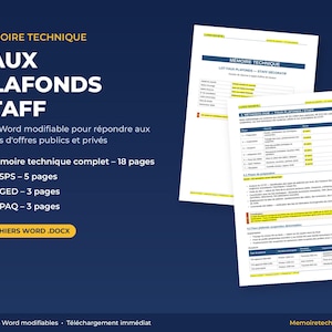 Op de afbeelding: Een digitale documentsjabloonset getiteld Memoire Technique Faux Plafonds Staff, met bewerkbare Word-bestanden voor aanbestedingen. Bevat een technisch rapport van 18 pagina's, een PPSPS van 5 pagina's en SOGED en SOPAQ van 3 pagina's.