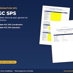 Puede incluir: Dos páginas de documentos blancas tituladas PLAN GÉNÉRAL DE COORDINATION con texto negro y secciones resaltadas en amarillo. El texto incluye COORDINATION SPS, PGC SPS, 2 modèles Word de plan général de coordination y 2 FICHIERS WORD .DOCX.