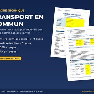 Op de afbeelding: Een digitale documentsjabloonset getiteld Mémoire Technique Transport en Commun, bestaande uit vier bewerkbare Word-bestanden, waaronder een technisch rapport, preventieplan, SOGED en SOPAQ, weergegeven met voorbeeldpagina's op een donkerblauwe achtergrond.