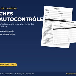 May include: A digital template set for construction site quality control, featuring two Word documents titled Fiches d'Autocontrôle. The dark blue background displays white text, yellow checkmarks, and previews of the forms for tracking site inspections and resolving issues.