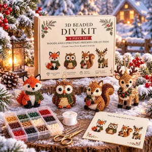 Christmas Beaded Animal DIY Kit, Fox Owl Squirrel Reindeer, 3D Bead Craft Kit, Woodland Christmas Ornaments, Creative Holiday Gift