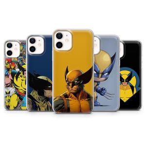 Peut inclure: Cinq coques de smartphone présentant diverses illustrations graphiques du personnage Wolverine. Les designs incluent un collage de bandes dessinées, un profil, un portrait central sur fond jaune, une figurine style chibi et un logo circulaire.