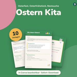 Peut inclure: Un ensemble de dix modèles imprimables pour des activités de Pâques en garderie, avec le texte 'Ostern Kita', 'Wir feiern Ostern!' et '10 Vorlagen'. Les documents comprennent des listes de contrôle et des formulaires aux tons vert et blanc.