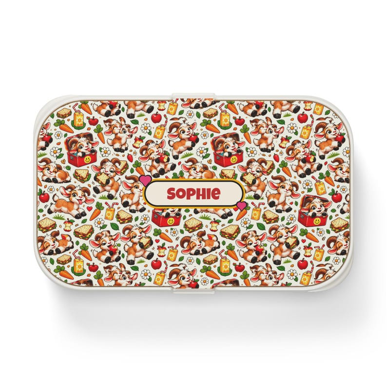 Personalised Bento Lunch Box with Name, Cute Goat Pattern Lunch Box, Custom Kids or Adult Lunch Box with Cutlery, Goat Lover Gift image 1