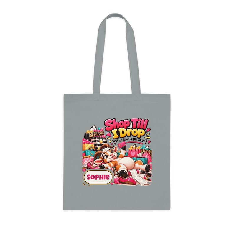 Borsa tote personalizzata "Shop Till I Drop", borsa per la spesa in cotone con nome personalizzato, regalo divertente con capra, regalo per amante dello shopping, regalo per lei immagine 2