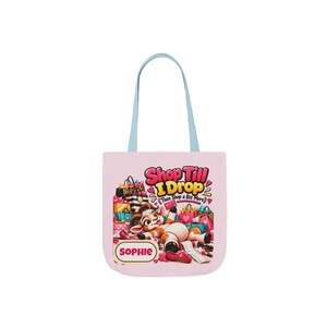 Personalised Shop Till I Drop Canvas Tote Bag, Custom Name Coloured Strap Tote, Funny Goat Gift, Shopaholic Gift, Gift for Her image 3