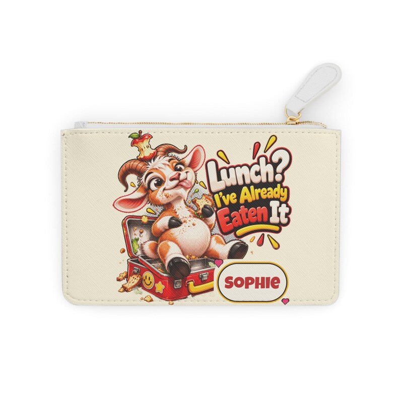 Personalised Lunch Already Eaten Mini Clutch Bag, Custom Name Zip Purse Makeup Bag, Funny Goat Gift, Foodie Gift, Gift for Her image 1