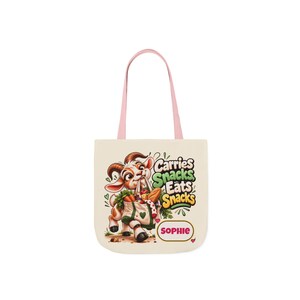 Personalised Carries Snacks Canvas Tote Bag, Custom Name Coloured Strap Tote, Funny Goat Gift, Foodie Gift, Gift for Her image 4