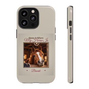 Custodia per telefono personalizzata con foto di cavallo, resistente per iPhone e Samsung, "Casa è dove c'è il mio cavallo", nome del cavallo personalizzato, regalo per appassionati di equitazione. immagine 9