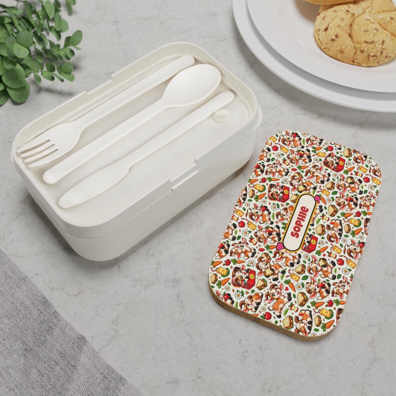 Personalised Bento Lunch Box with Name, Cute Goat Pattern Lunch Box, Custom Kids or Adult Lunch Box with Cutlery, Goat Lover Gift image 4