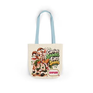 Personalised Carries Snacks Canvas Tote Bag, Custom Name Coloured Strap Tote, Funny Goat Gift, Foodie Gift, Gift for Her image 8