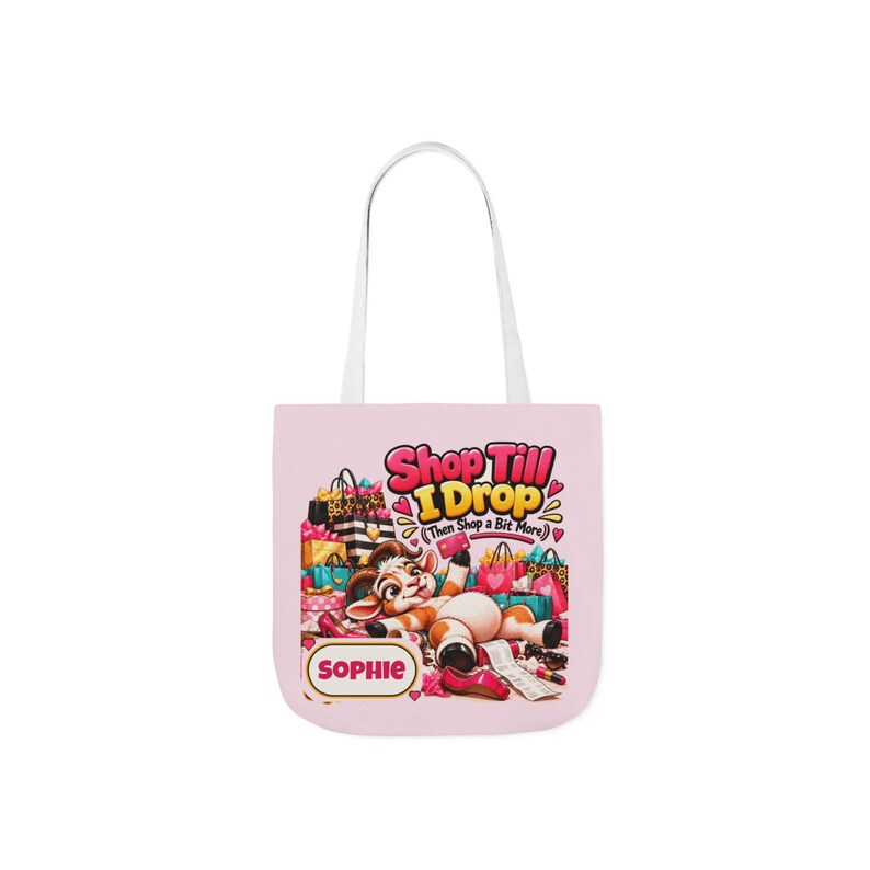 Personalised Shop Till I Drop Canvas Tote Bag, Custom Name Coloured Strap Tote, Funny Goat Gift, Shopaholic Gift, Gift for Her image 5
