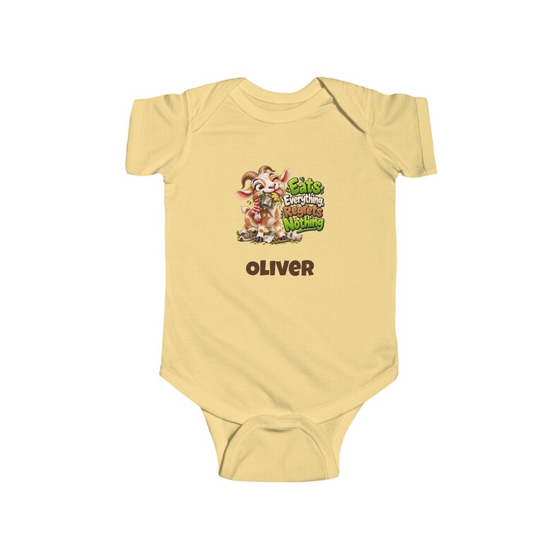 Personalised Baby Bodysuit, Eats Everything Regrets Nothing Goat Baby Vest, Custom Name Baby Grow, Baby Shower Gift, New Baby Gift image 2