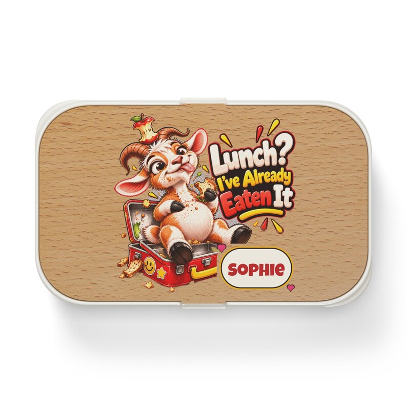 Personalised Bento Lunch Box with Name, Funny Goat Lunch? I've Already Eaten It, Custom Lunch Box with Cutlery, Office or School image 1
