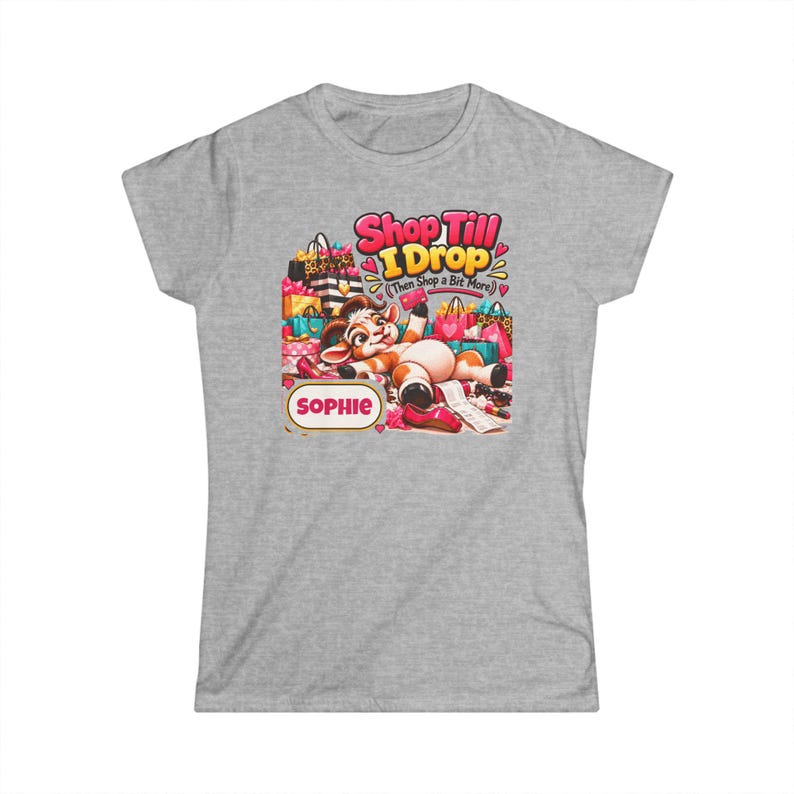 Personalised Shop Till I Drop Women's T-Shirt, Custom Name Ladies Fitted Tee, Funny Goat Gift, Shopaholic Gift, Gift for Her image 3