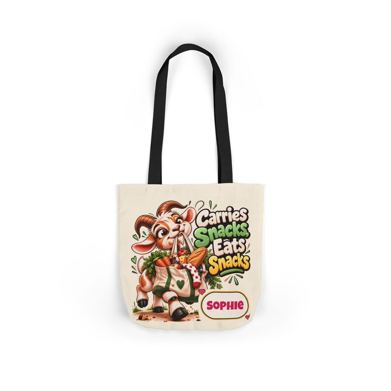 Personalised Carries Snacks Canvas Tote Bag, Custom Name Coloured Strap Tote, Funny Goat Gift, Foodie Gift, Gift for Her image 7