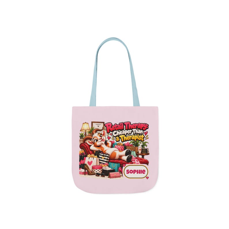 Bolso de lona personalizado para terapia de compras, bolso con correa de color con nombre personalizado, regalo divertido de cabra, regalo para adictas a las compras, regalo para ella. imagen 3