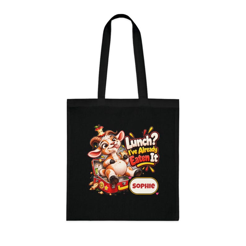 Gepersonaliseerde lunchtas met opdruk "Lunch already eat", katoenen boodschappentas met eigen naam, grappig geitencadeau, cadeau voor foodies, cadeau voor haar afbeelding 3