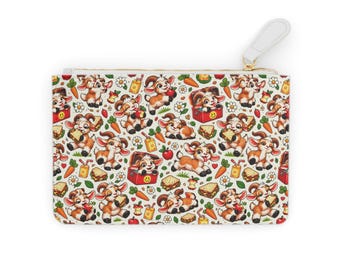 Può includere: Una pochette rettangolare con cerniera caratterizzata da un motivo ripetuto di caprette a cartoni animati, portapranzo rossi, carote arancioni, succhi di frutta, panini, mele e margherite bianche su sfondo bianco. Cursore bianco.