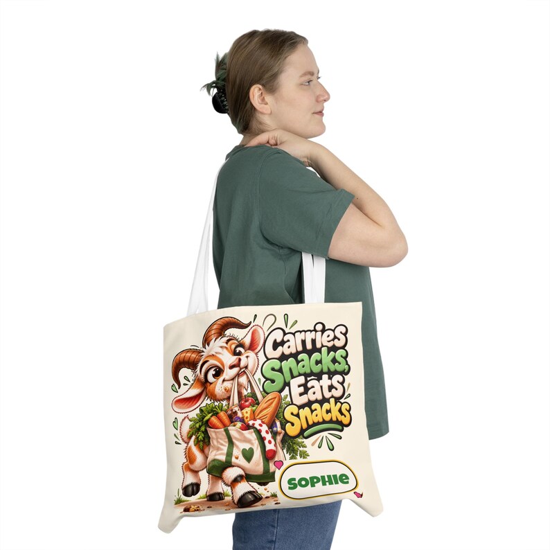 Personalised Carries Snacks Shoulder Tote Bag, Custom Name All Over Print Cotton Bag, Funny Goat Gift, Foodie Gift, Gift for Her image 3