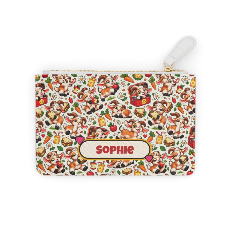 Personalised Goat Lunch Pattern Mini Clutch Bag, Custom Name Zip Purse Makeup Bag, Funny Goat Gift, Foodie Gift, Gift for Her image 1
