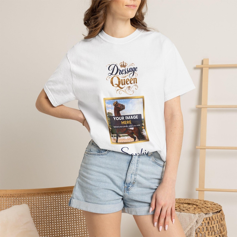 Personalised Dressage Queen T-Shirt, Your Horse Photo & Name, Custom Dressage Shirt, Dressage Rider Gift, Equestrian Gift, Horse Lover Tee image 5