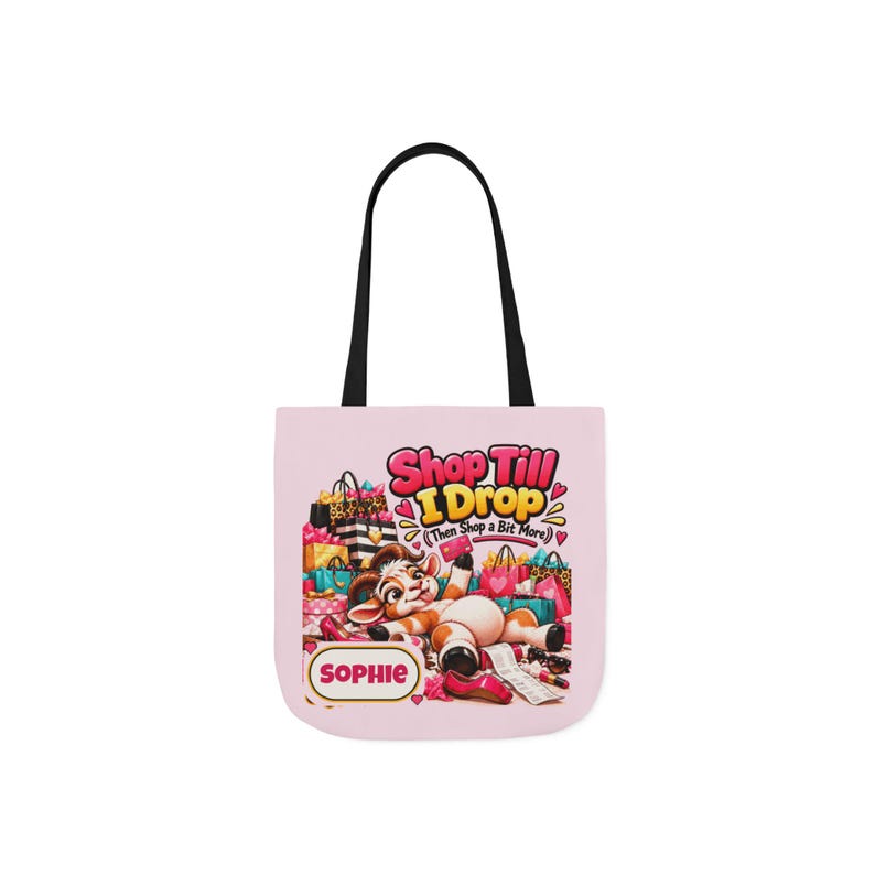 Personalised Shop Till I Drop Canvas Tote Bag, Custom Name Coloured Strap Tote, Funny Goat Gift, Shopaholic Gift, Gift for Her image 2