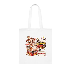 Gepersonaliseerde lunchtas met opdruk "Lunch already eat", katoenen boodschappentas met eigen naam, grappig geitencadeau, cadeau voor foodies, cadeau voor haar afbeelding 1