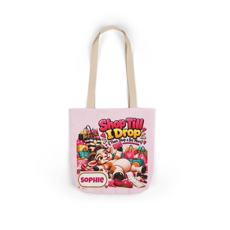 Personalised Shop Till I Drop Canvas Tote Bag, Custom Name Coloured Strap Tote, Funny Goat Gift, Shopaholic Gift, Gift for Her image 6
