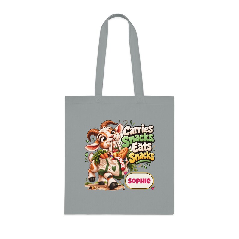 Bolsa de tela personalizada para llevar snacks, bolsa de compras de algodón con nombre personalizado, regalo divertido de cabra, regalo para amantes de la comida, regalo para ella. imagen 2